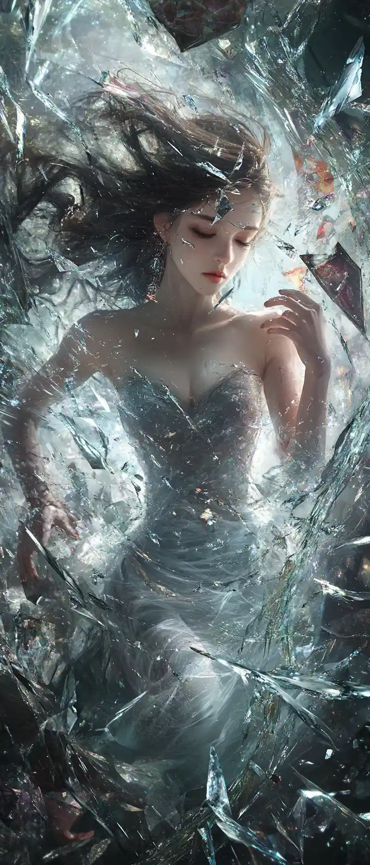 Ethereal woman emerging from a shattered painted canvas