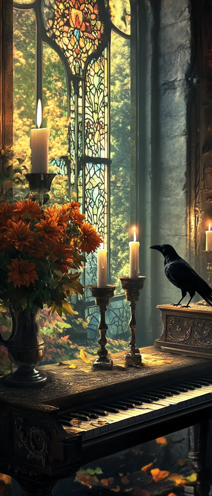Piano In Dim Office With Candles And Chrysanthemums