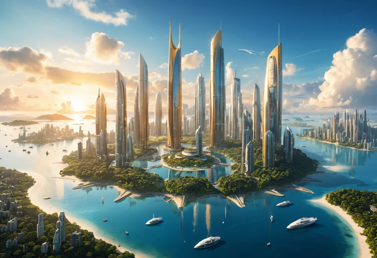 Futuristic island city skyline at sunrise over blue water