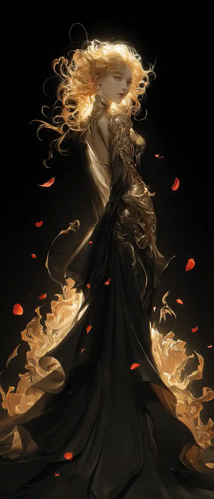 Fiery haired girl standing on a dragon in darkness
