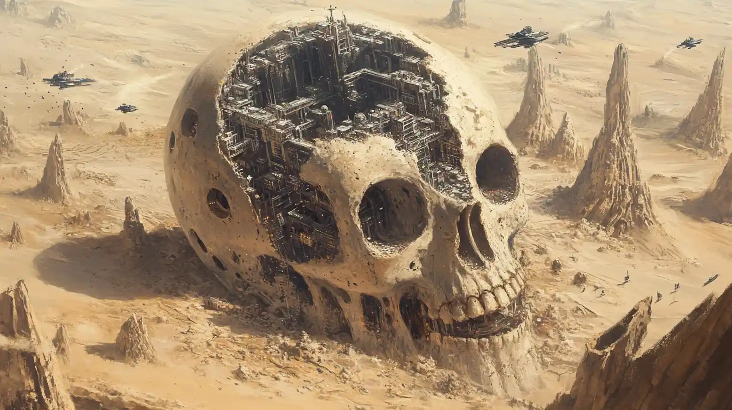 Miniature Cities Inside Alien Skulls In Vast Desert