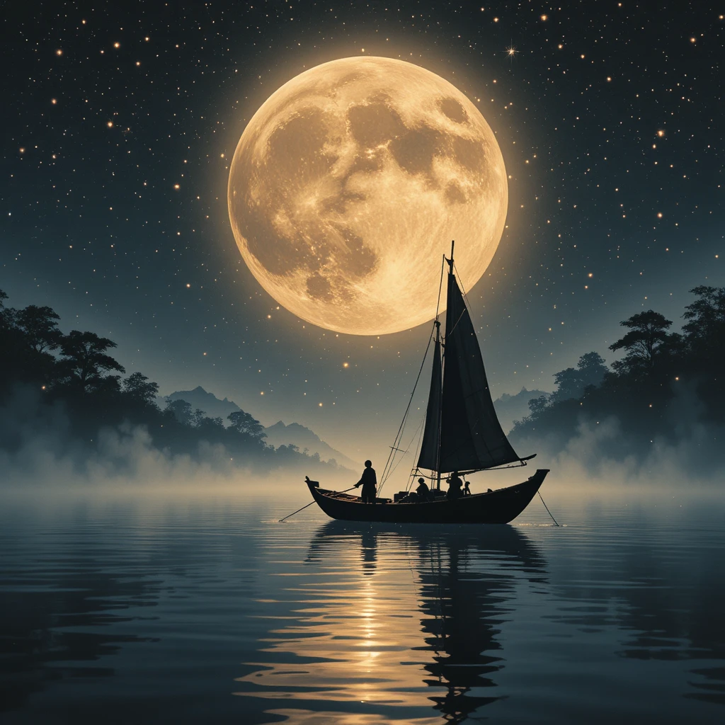 Ninja Silhouette Fishing Beneath A Sparkling Full Moon