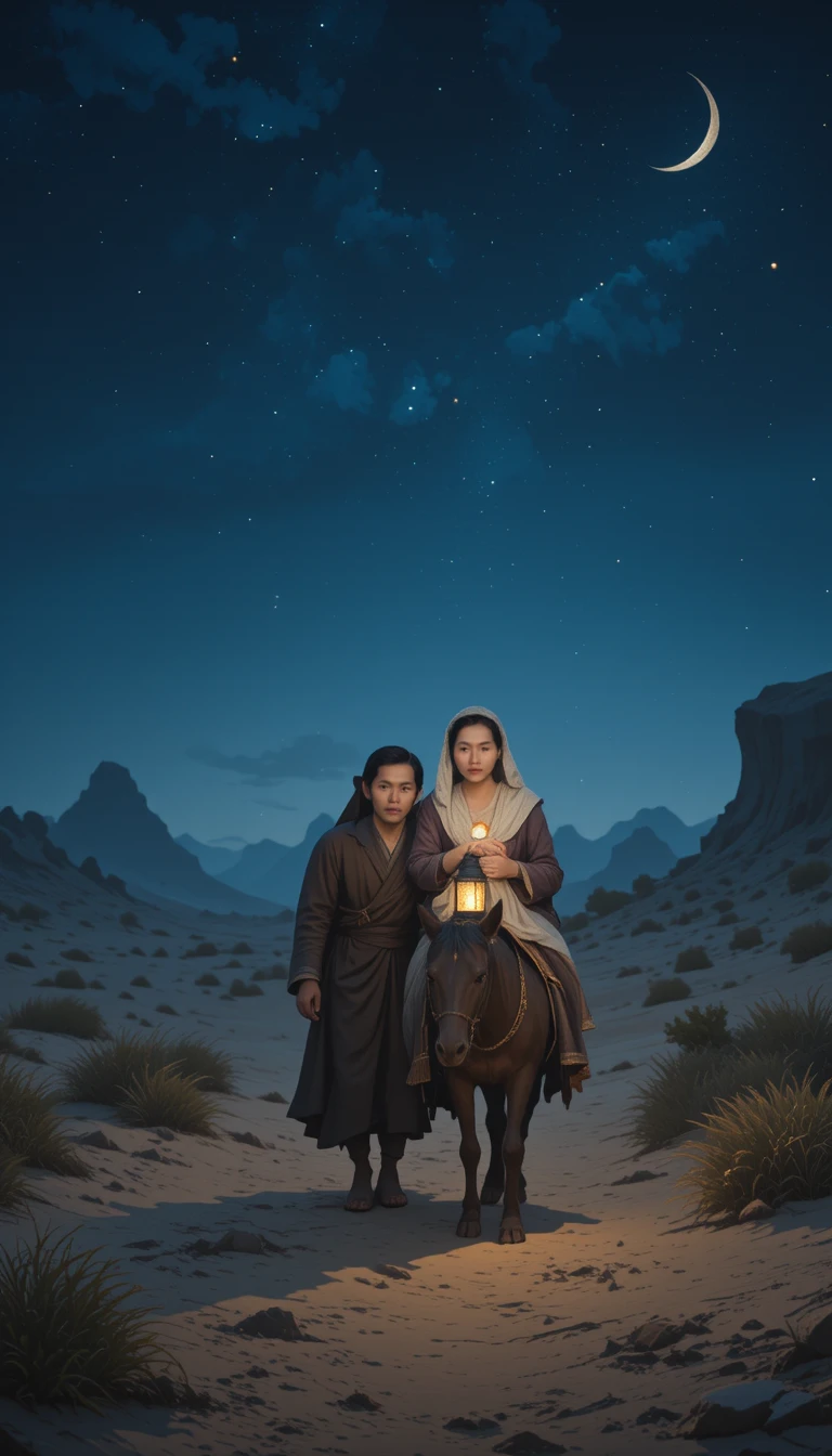Sacra Famiglia in viaggio di notte lungo un silenzioso sentiero nel deserto