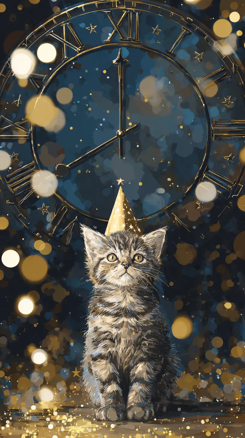 Cute kitten with party hat before midnight clock