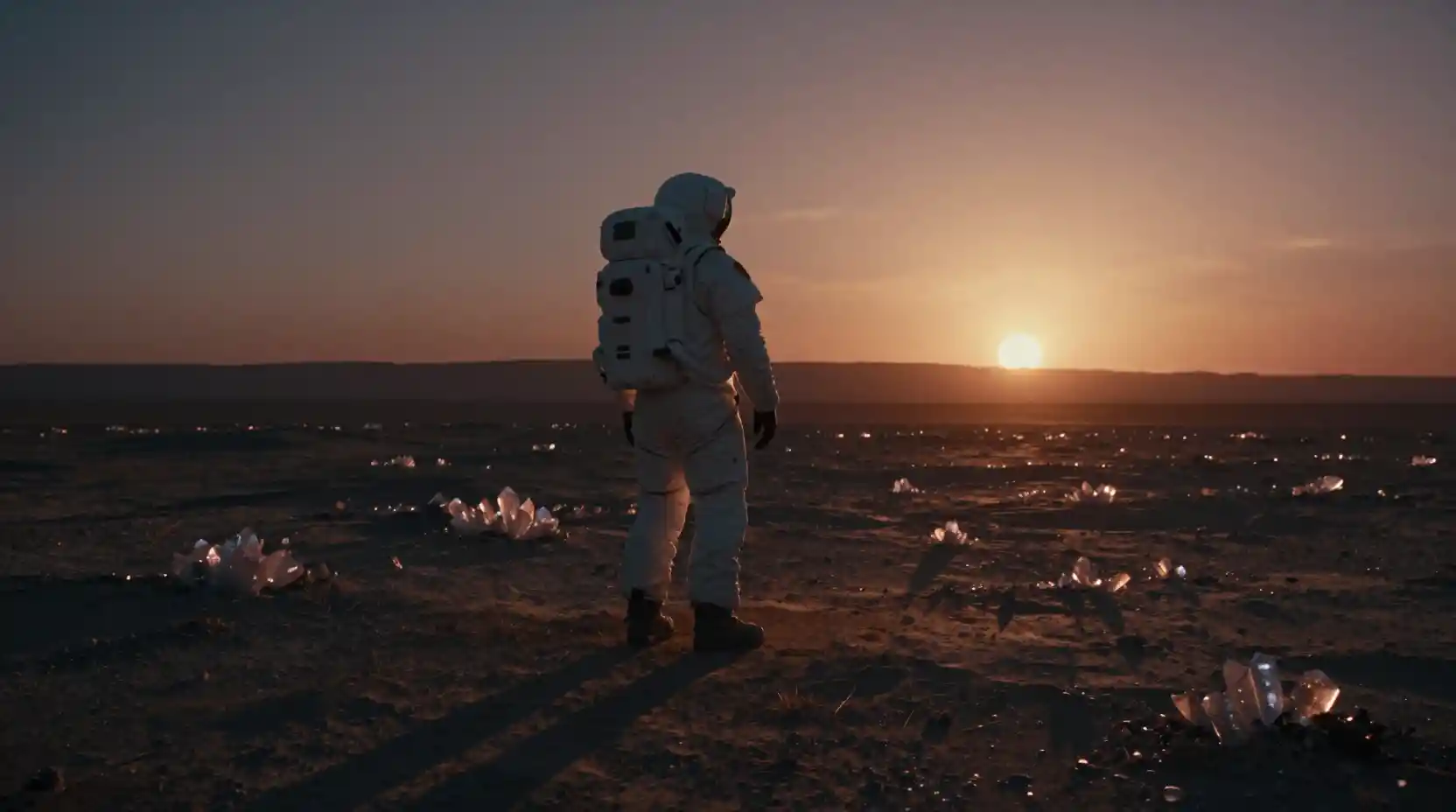 Astronaute observant un coucher de soleil binaire sur un monde alien désolé