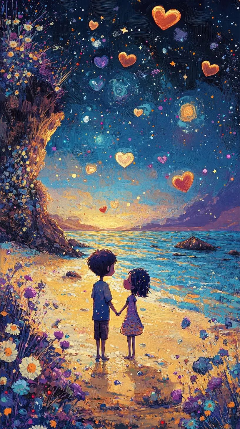 Dreamlike couple on a whimsical beach at dusk