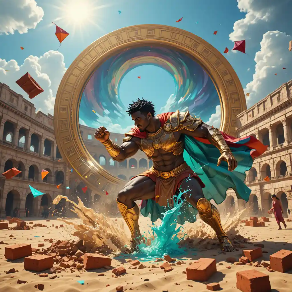 Fantasy warrior smashing sandy ground in ancient arena
