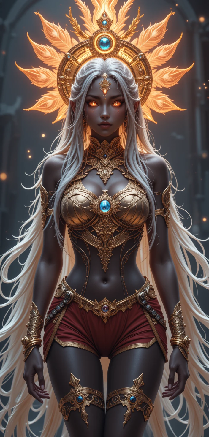 Anime deity woman with flaming hair and radiant halo