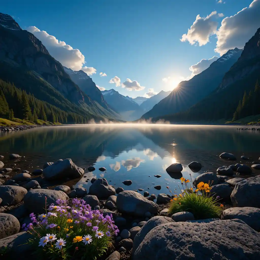 Lago di montagna all’ora d’oro con fiori selvatici e foschia