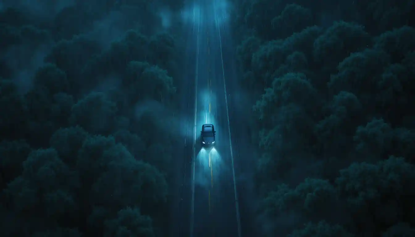 Auto solitaria su un’autostrada forestale piovosa di notte vista dall’alto