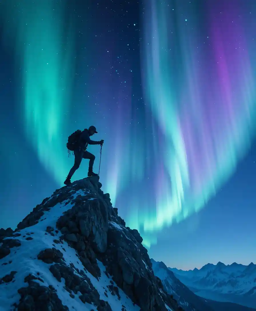 Silhouetted climber reaching a snowy mountain summit at night