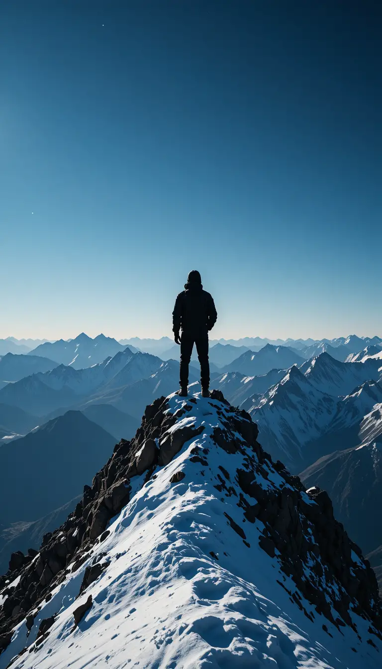 Silhouette of a climber standing on a snowy mountain peak