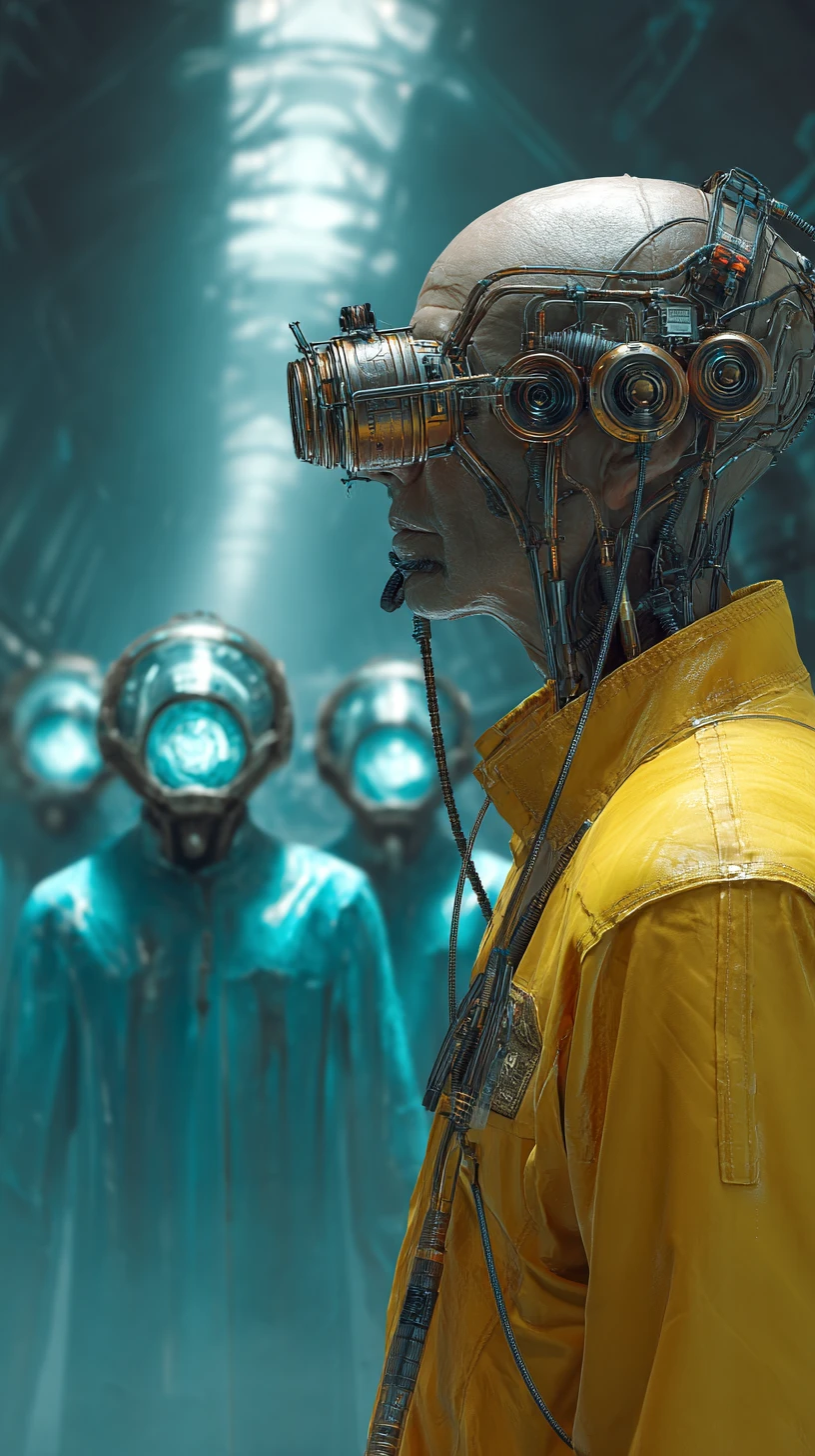 Side profile sci fi man with mechanical breathing mask