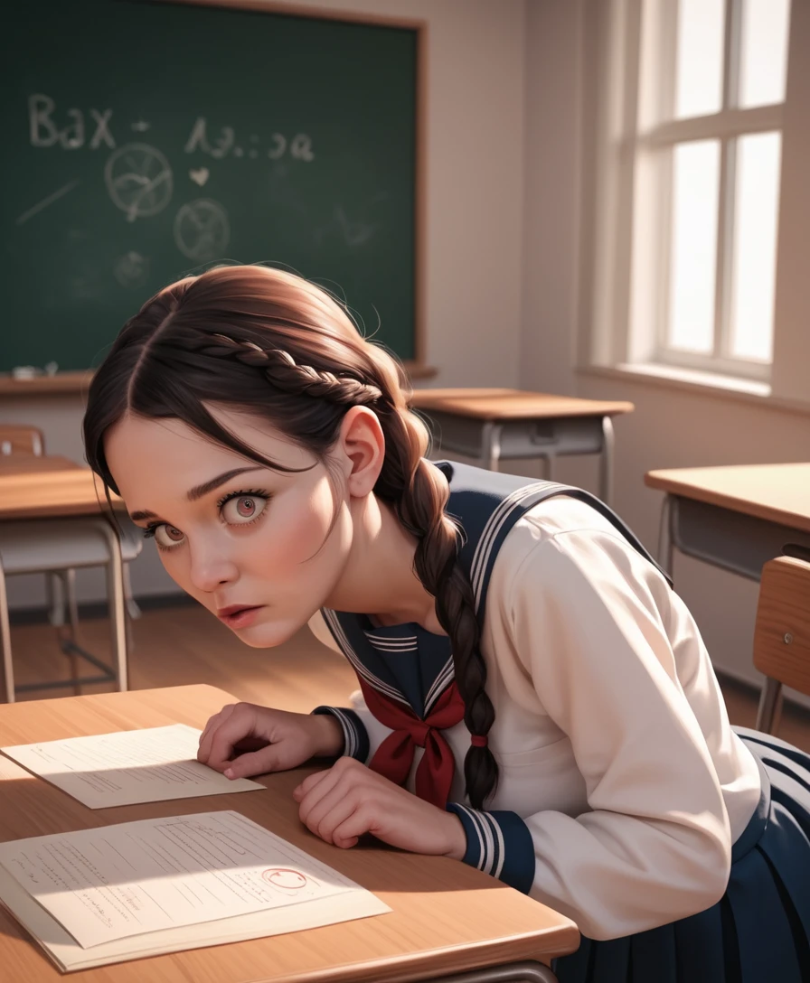 Young girl in school uniform viewed from above in classroom