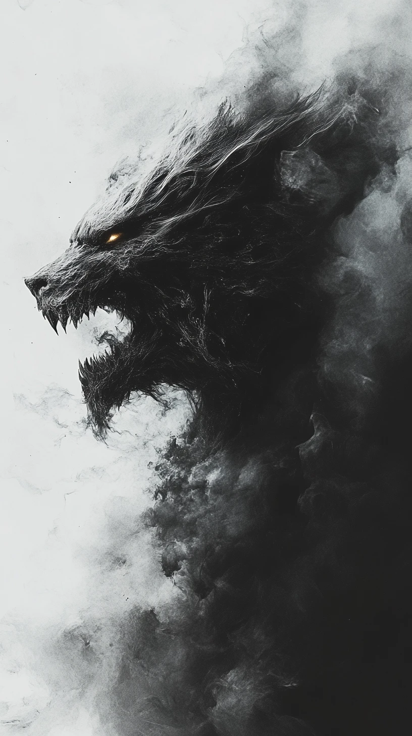 Vengeful monster exhaling storm winds from smoking jaws