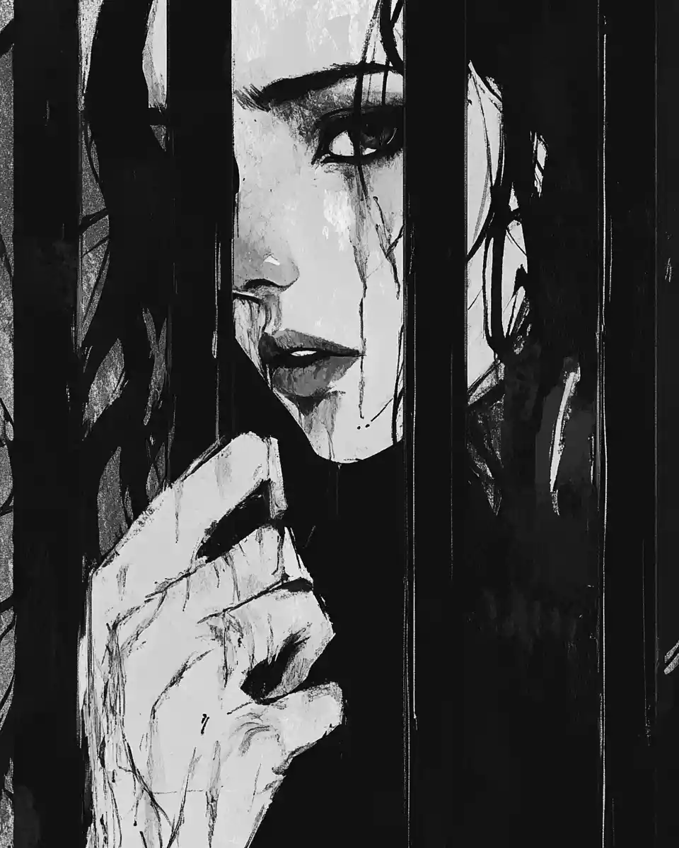 Young girl framed as if behind invisible bars