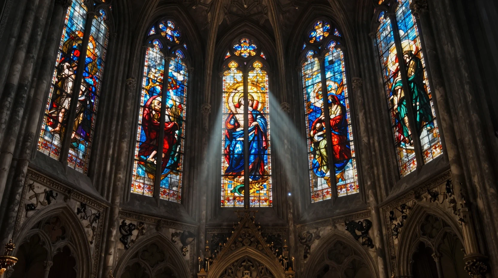 Gotische Kathedraleninnenraum mit himmlischen Glasfenstern und Lichtstrahlen