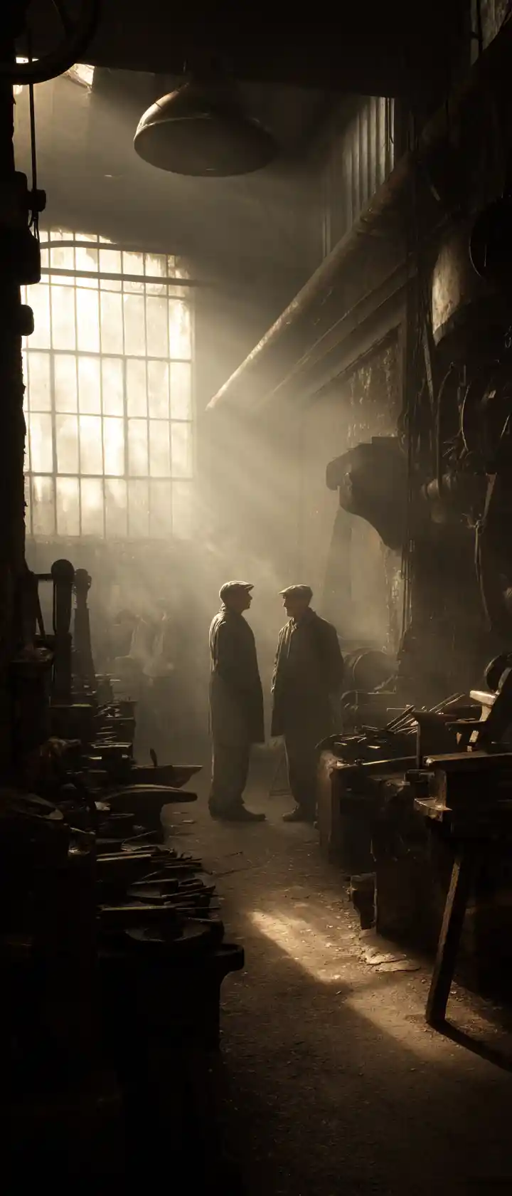 Calda e nostalgica scena d’interni in una fonderia di ferro dei primi del Novecento