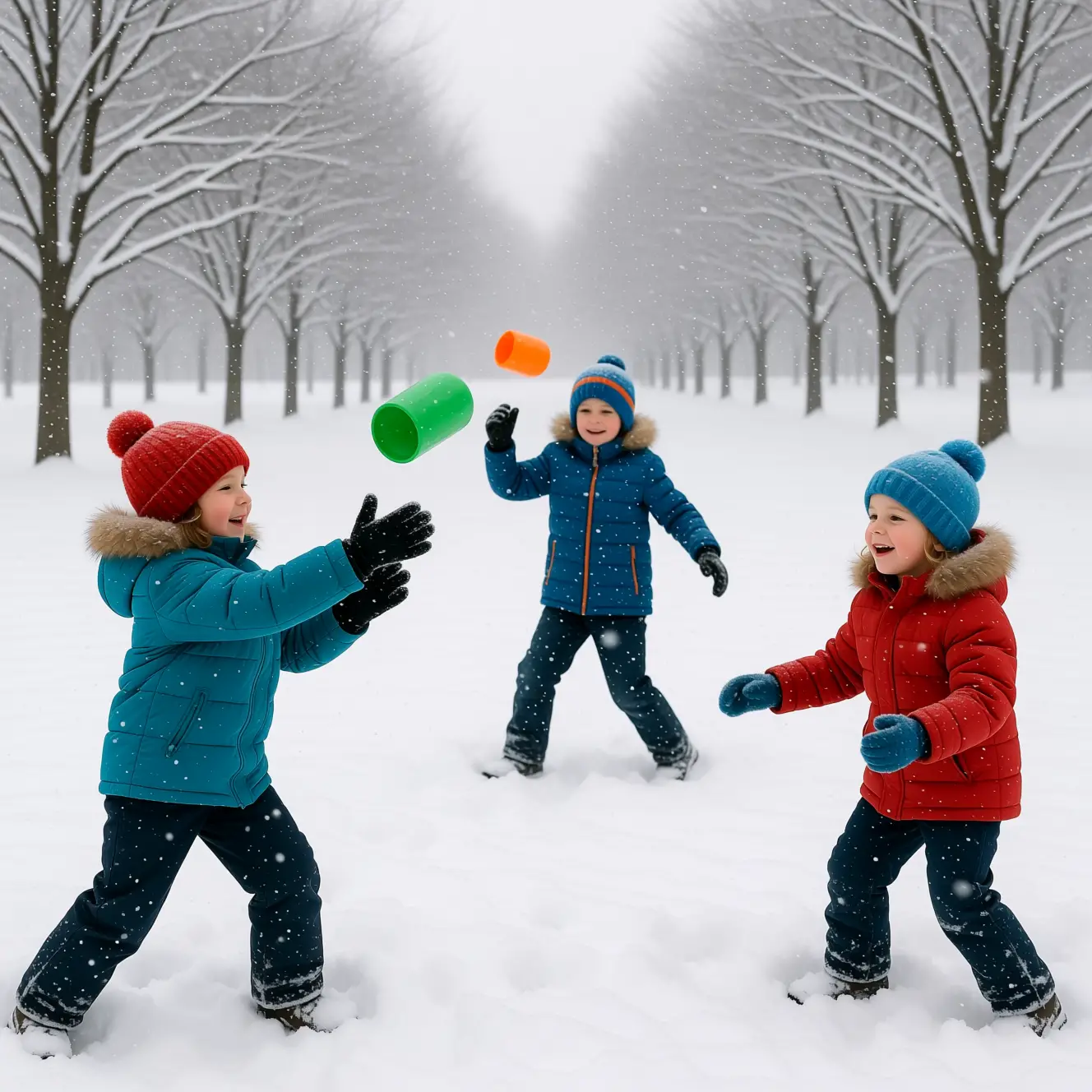 Kinder spielen und springen gemeinsam auf einem verschneiten Feld
