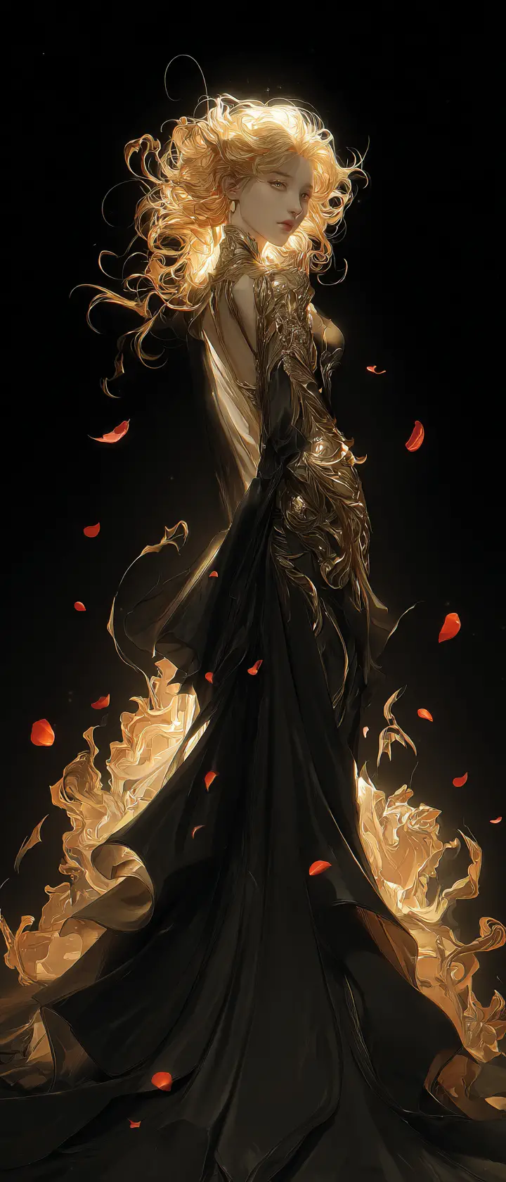 Fiery haired girl standing on a dragon in darkness