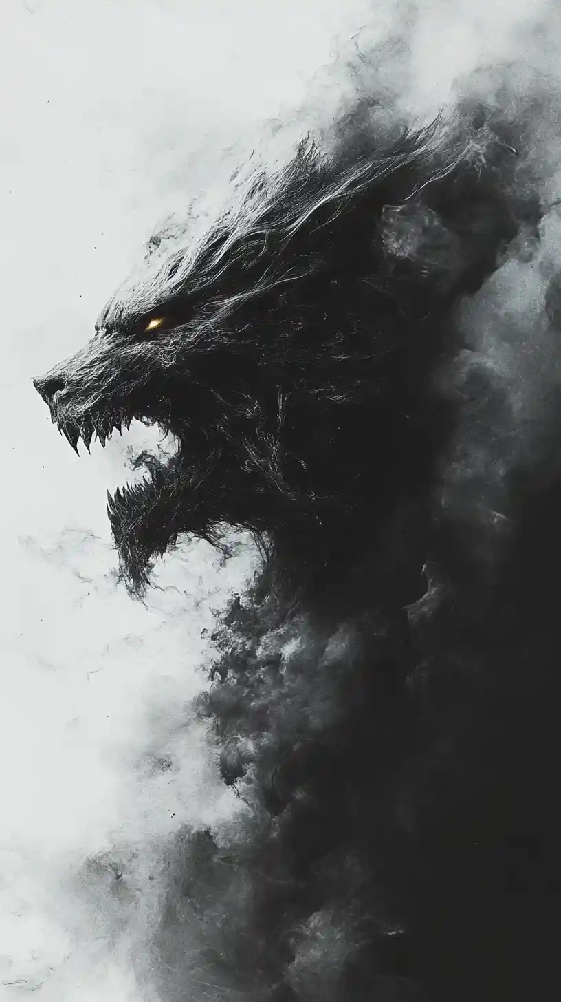 Vengeful monster exhaling storm winds from smoking jaws