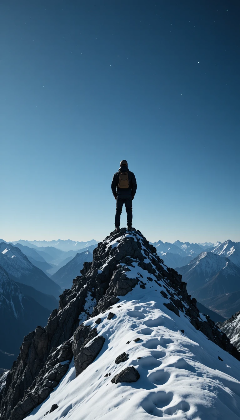 Silhouette of climber standing proud on snowy mountain summit
