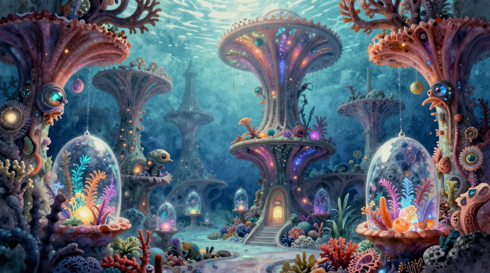 Dreamlike underwater city of glowing coral and crystal domes