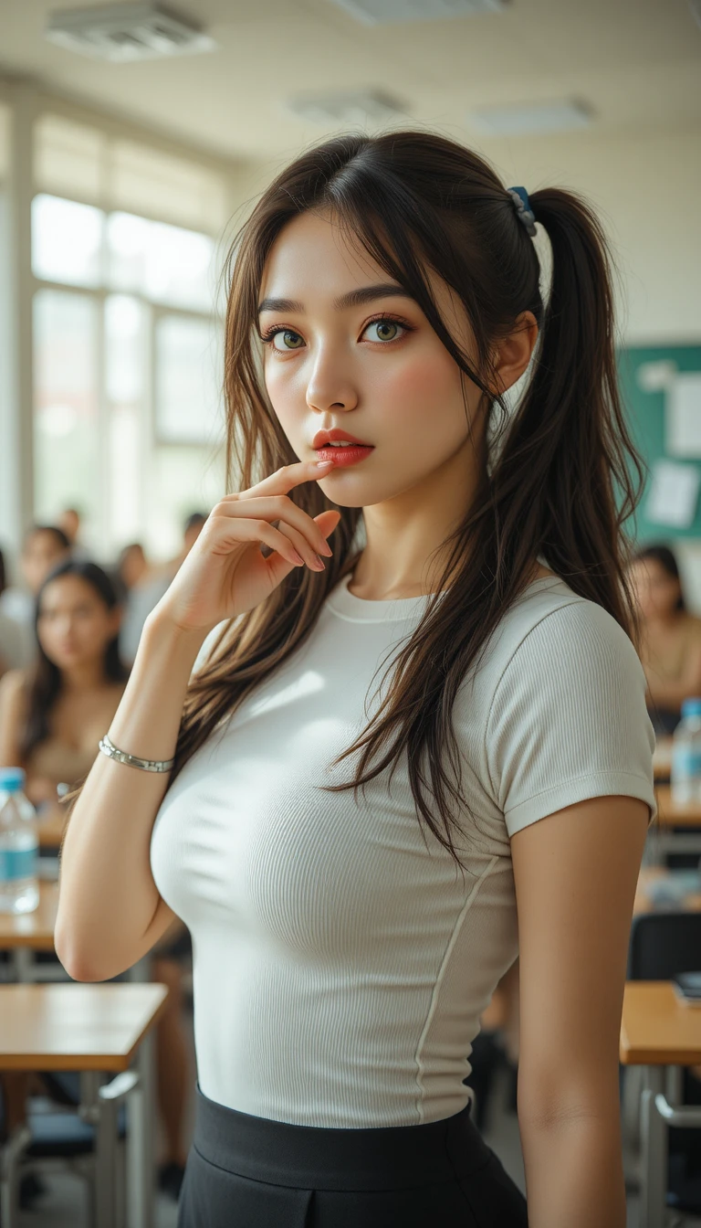 Playful young woman posing in a modern classroom
