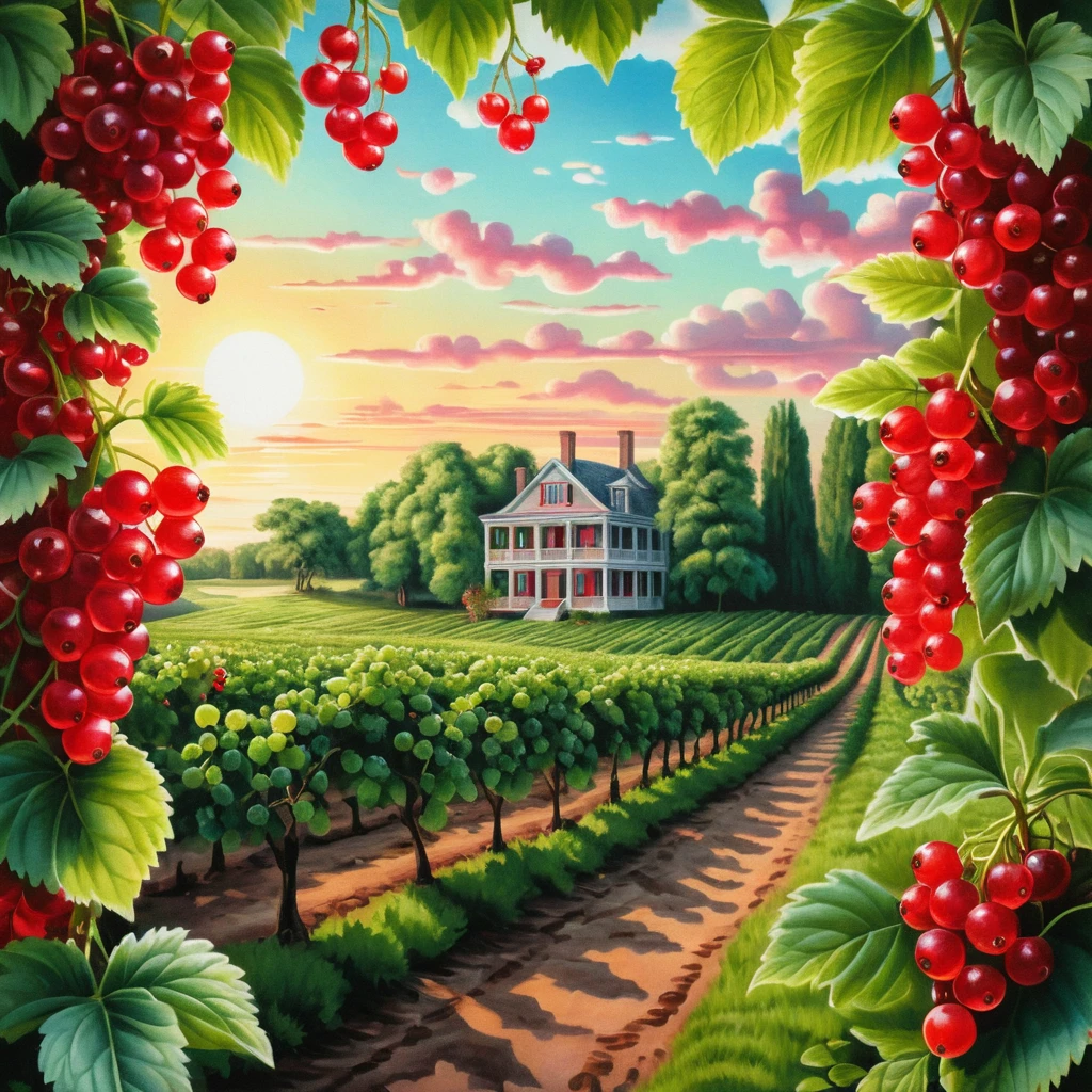 Surreal sunrise currant plantation in glossy red and green tones