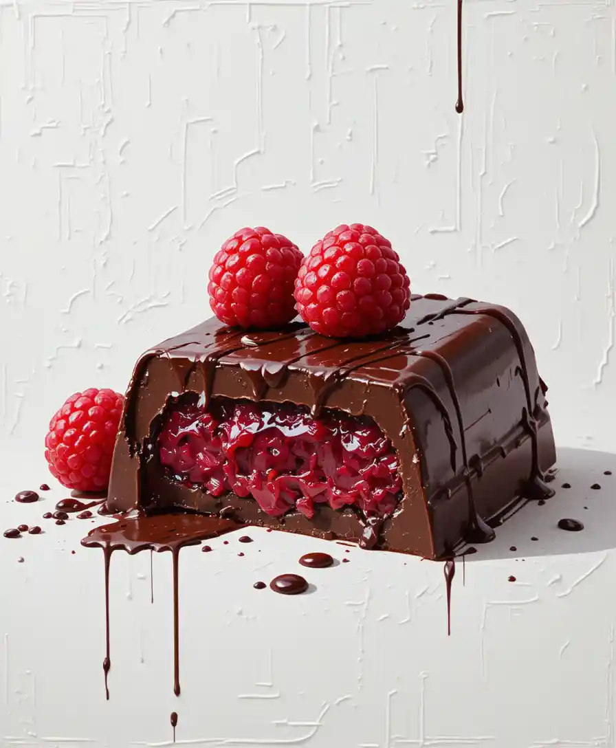 Digital painting of glossy chocolate piece with raspberry filling