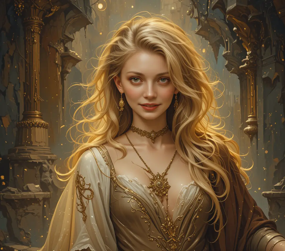 Medieval fantasy heroine in warm nostalgic golden light