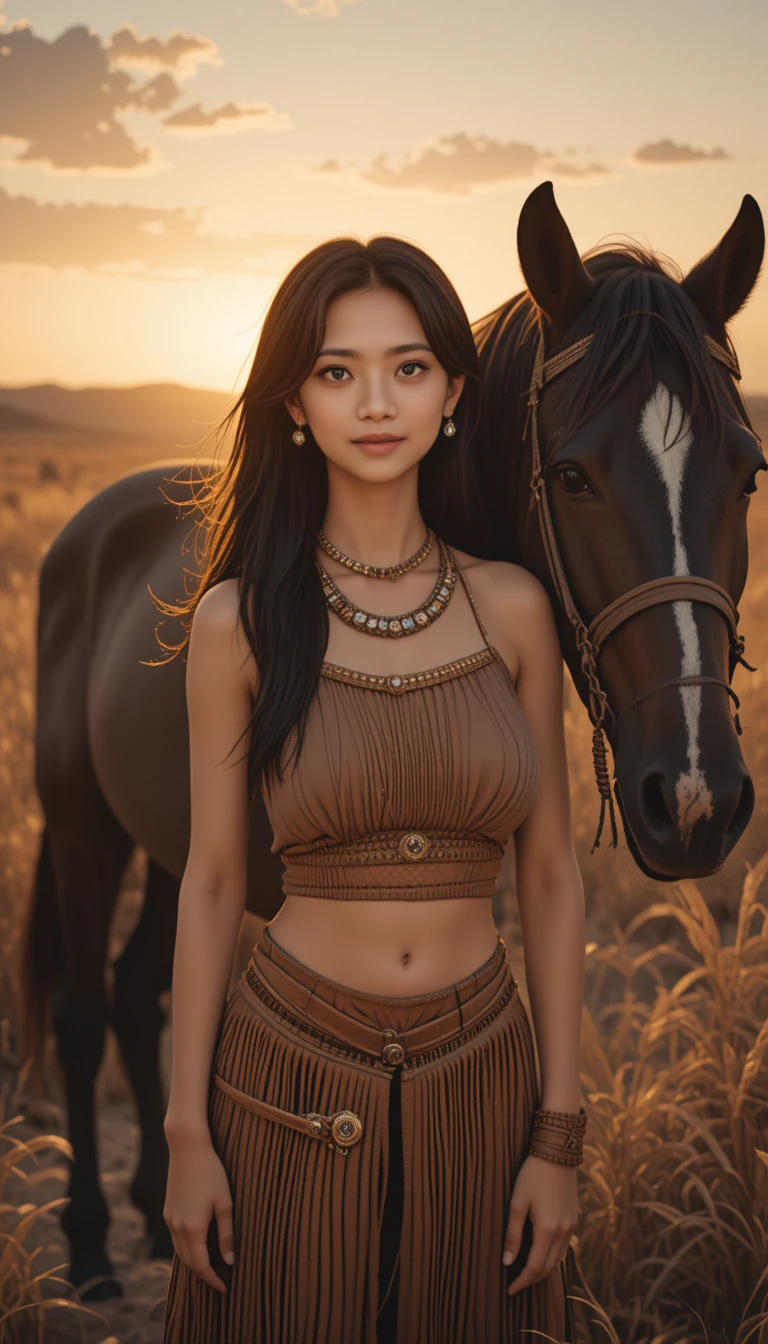 노을 지는 황금빛 사막의 여인과 말