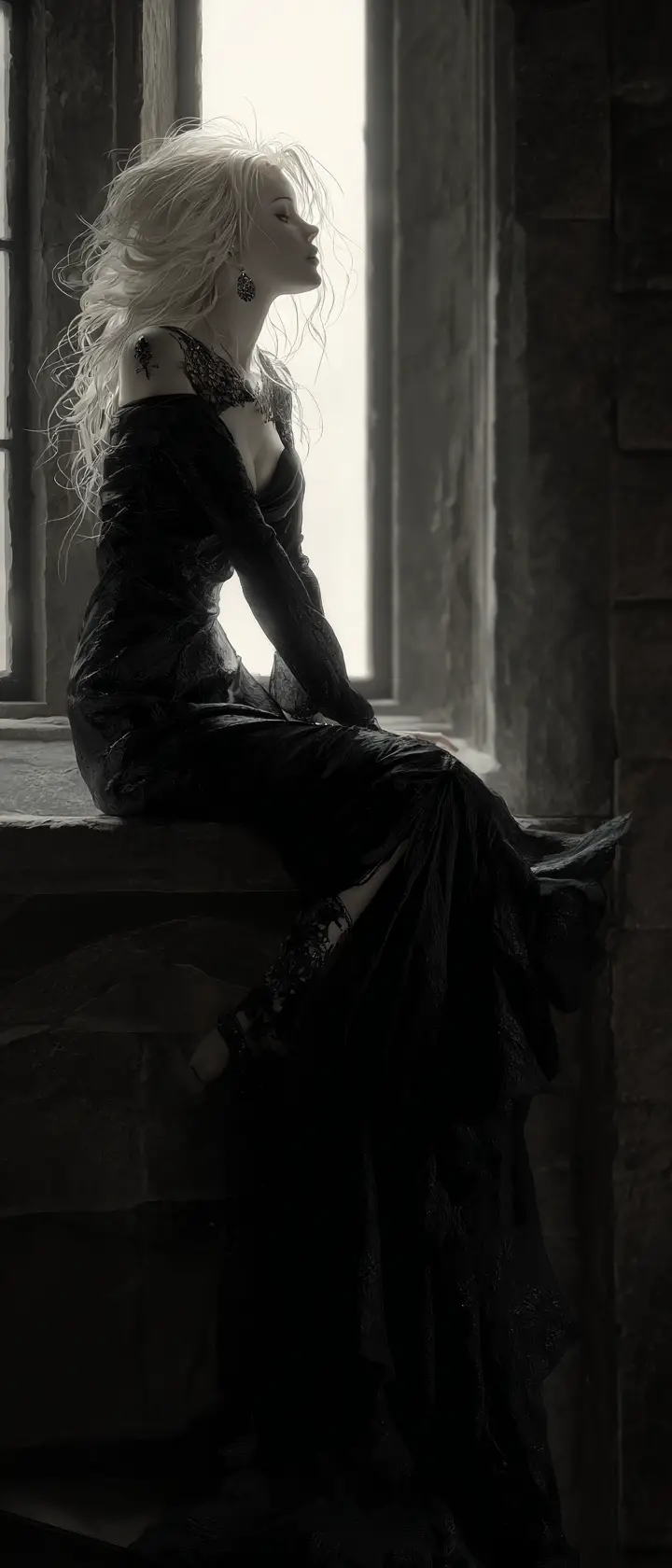 Gothic princess climbing through a moonlit castle window