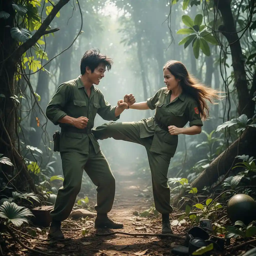 Playful jungle sparring between North and South Vietnamese soldiers