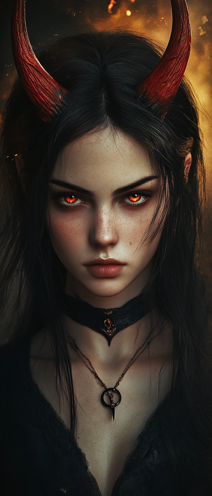 Serious gothic girl with red horns against gradient background