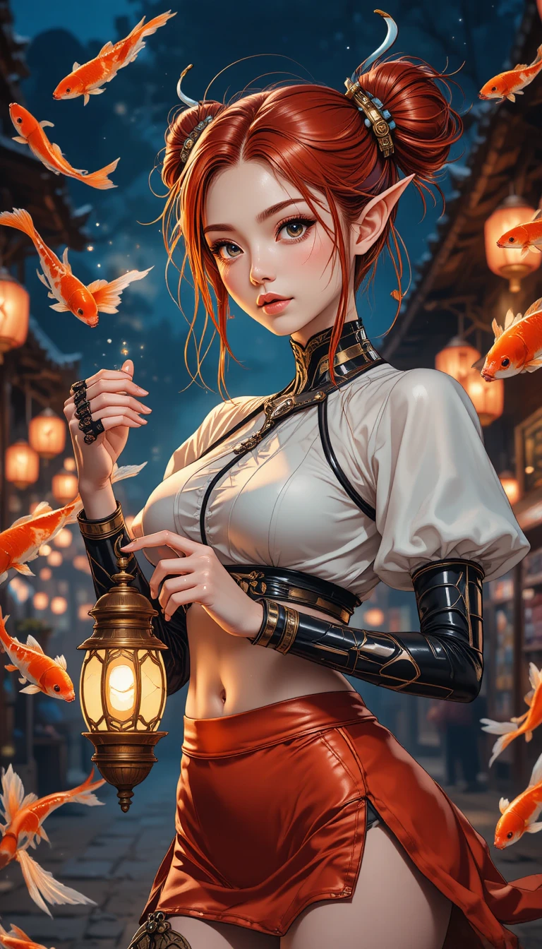 Anime elf girl with koi fish at glowing night market