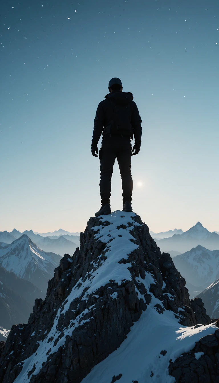 Silhouette climber on snowy quartz peak under starry night sky