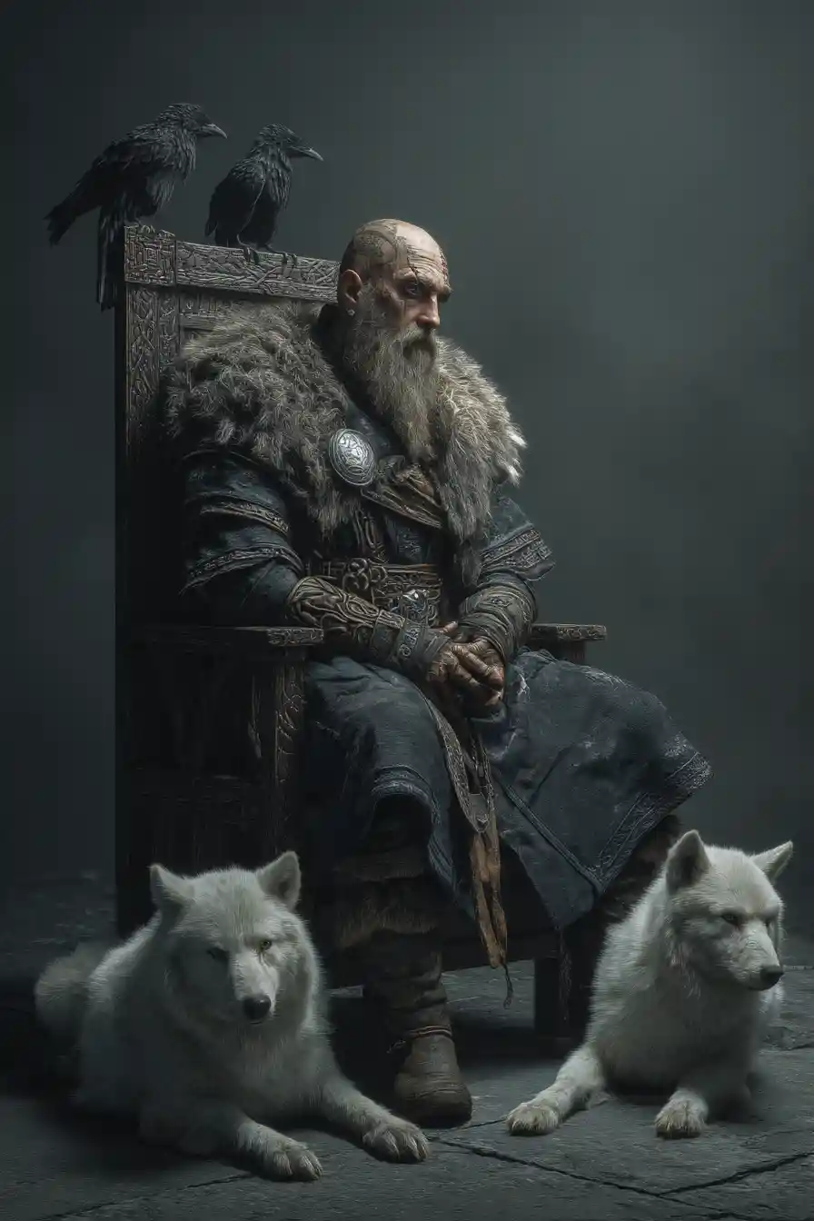 Mythic king on a dark throne with ravens and wolves