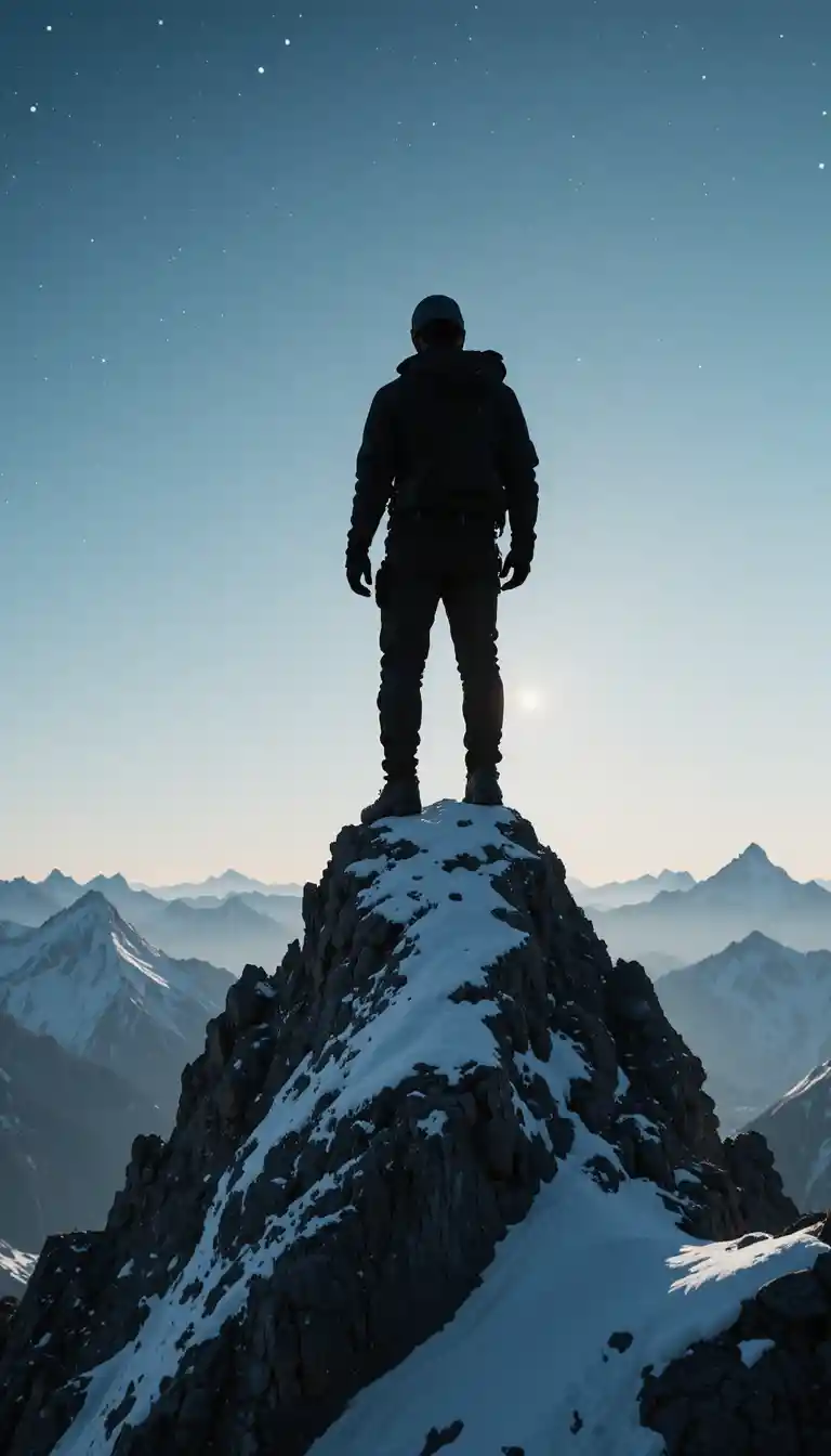 Silhouette climber on snowy quartz peak under starry night sky