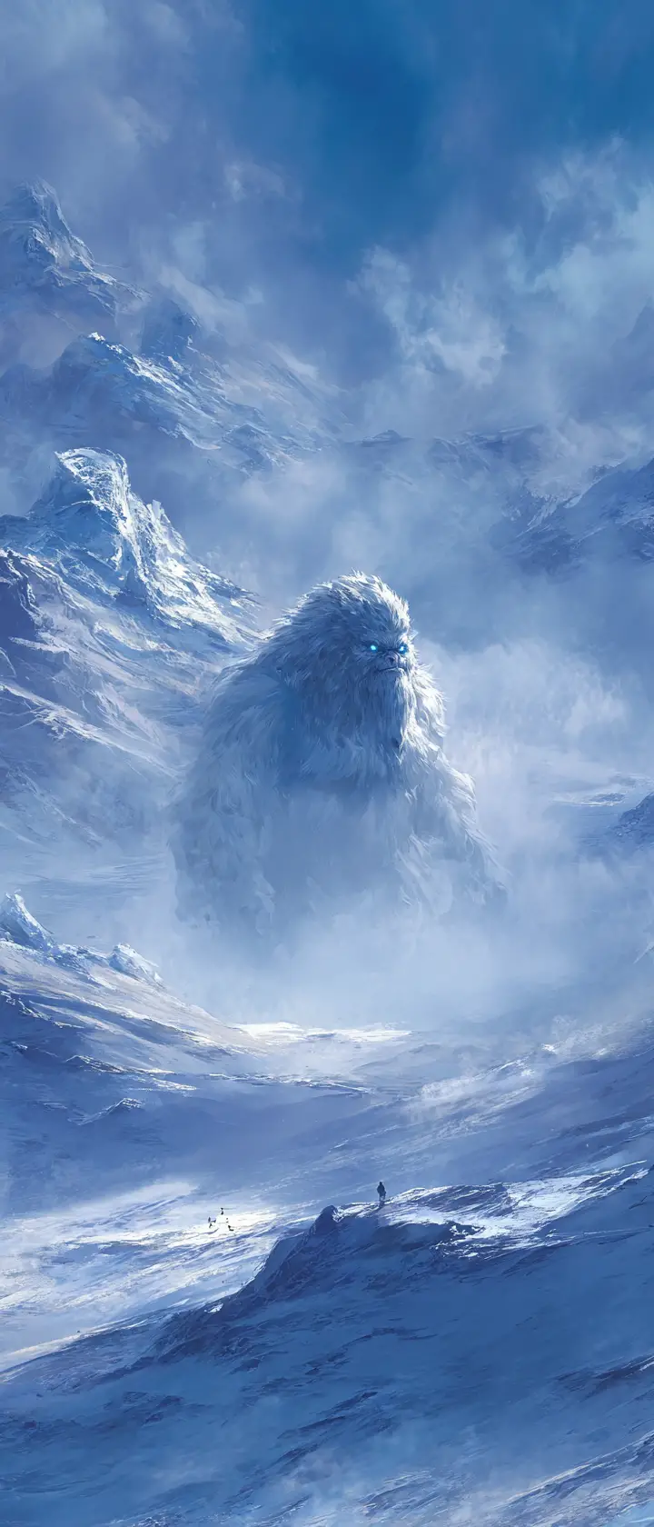 Distant yeti in a stormy frozen mountain wilderness