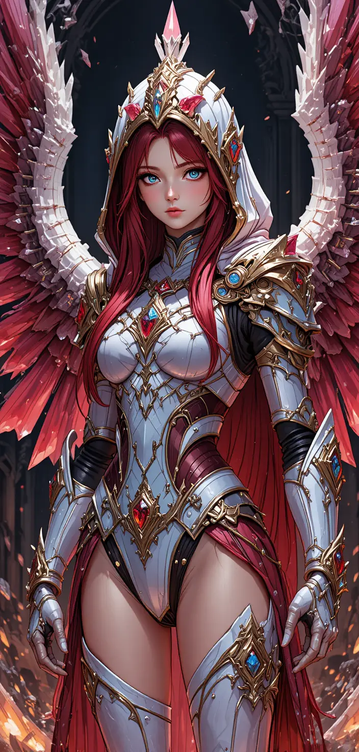 Crimson haired crystal armored warrior with blazing wings