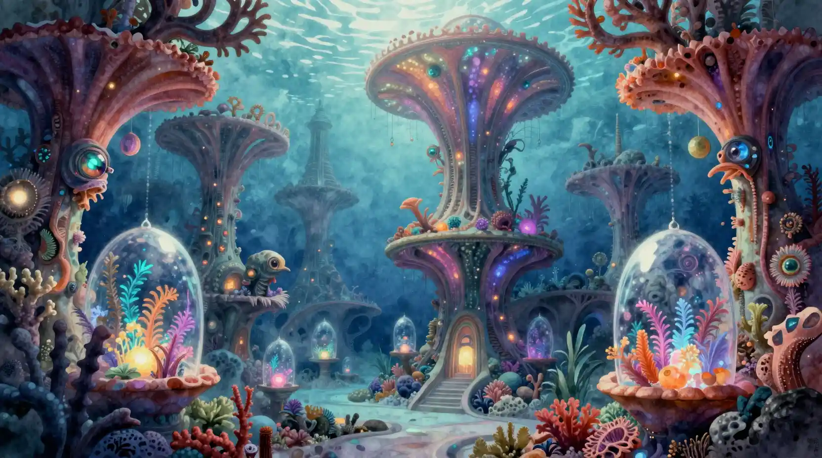 Dreamlike underwater city of glowing coral and crystal domes