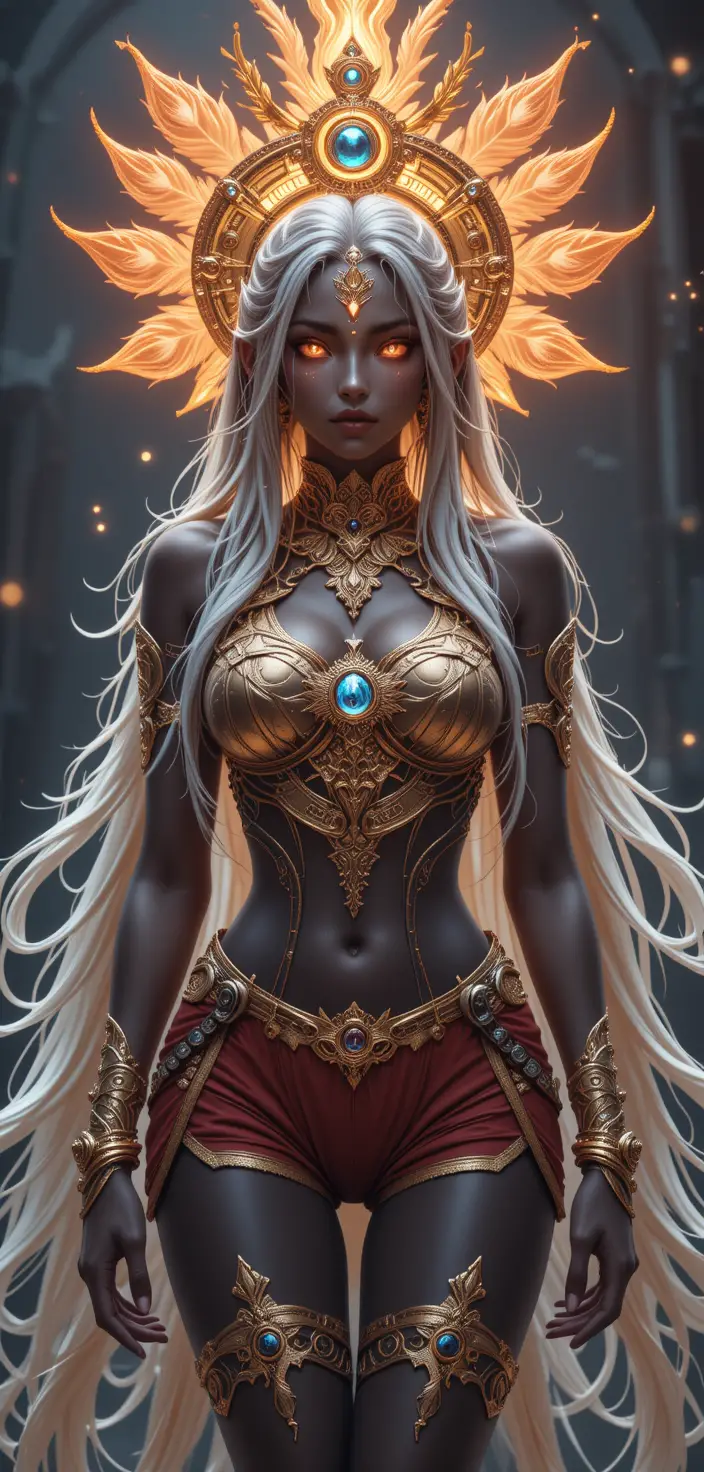 Anime deity woman with flaming hair and radiant halo
