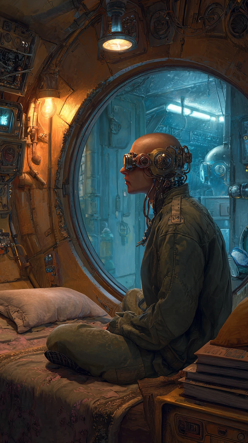 Man In Steampunk Goggles In Futuristic Spaceship Corridor