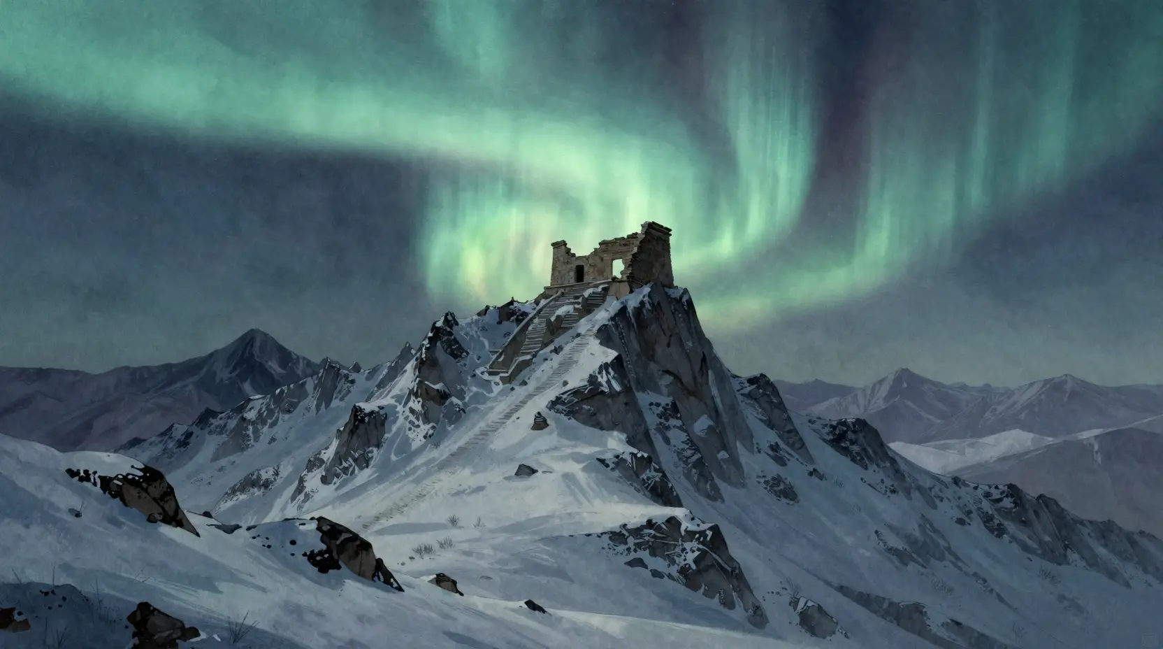 Majestic Snowy Mountains Under A Swirling Aurora Sky