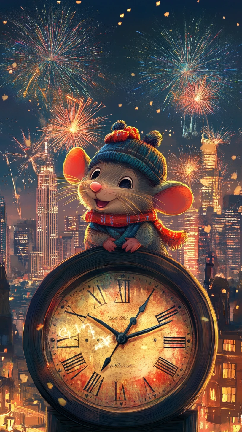 Dolce topolino cartoon con orologio di Capodanno e fuochi d’artificio