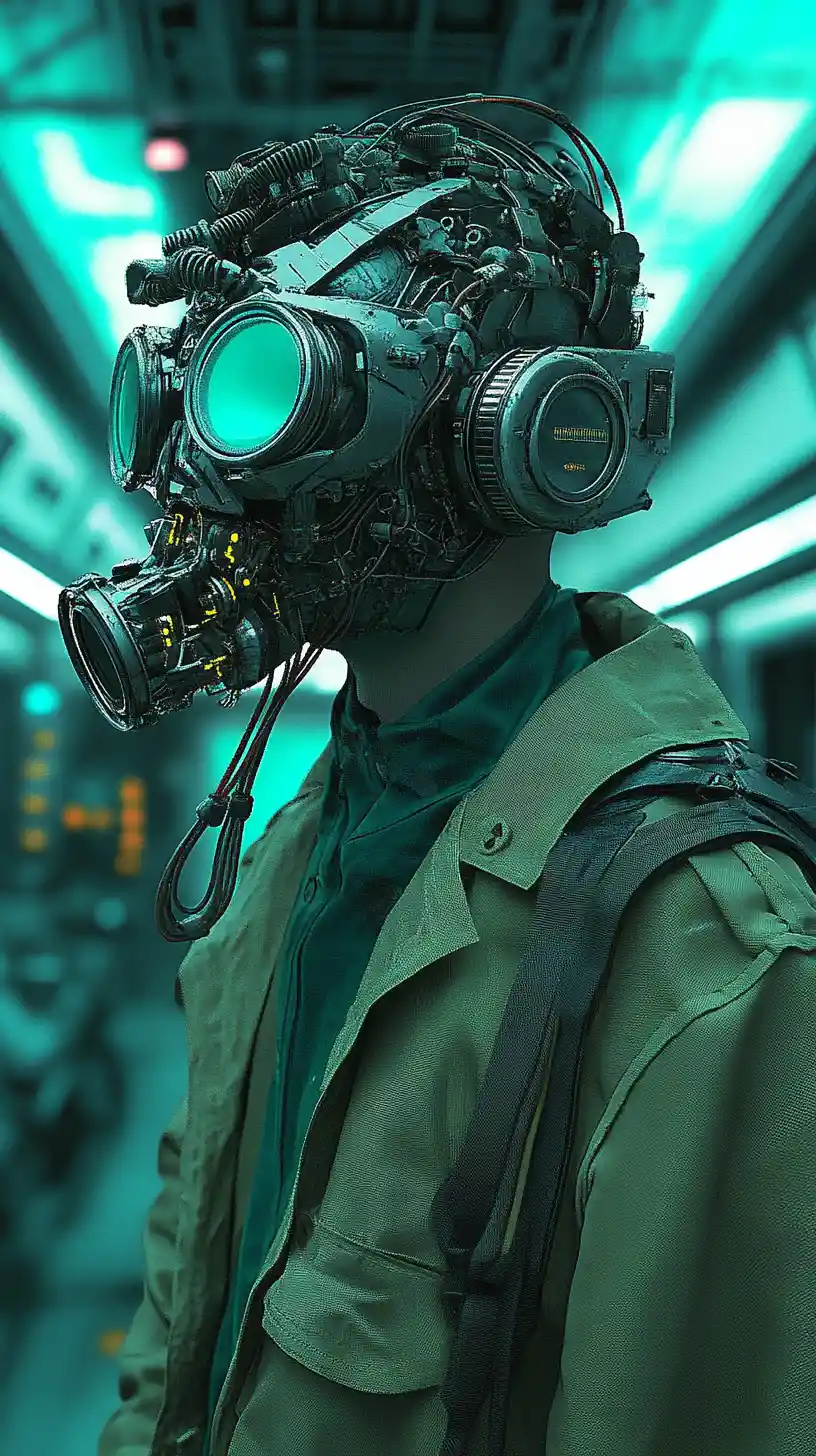 Mann mit Cyberpunk‑Brille im futuristischen Raumschiff‑Inneren