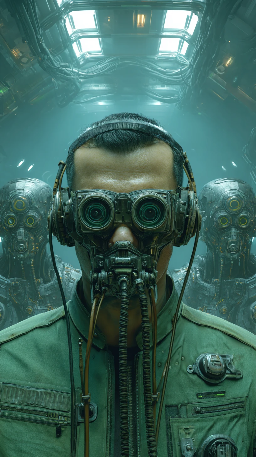 Man In Steampunk Goggles Inside Futuristic Spaceship Corridor