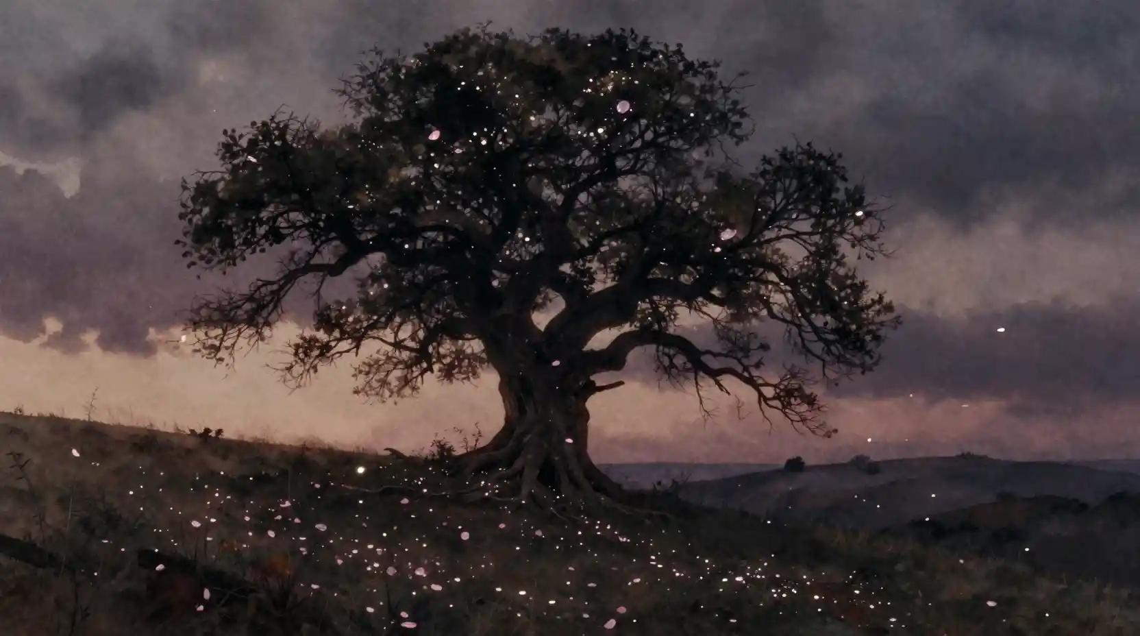 Antico albero su colle sferzata dal vento al crepuscolo malinconico