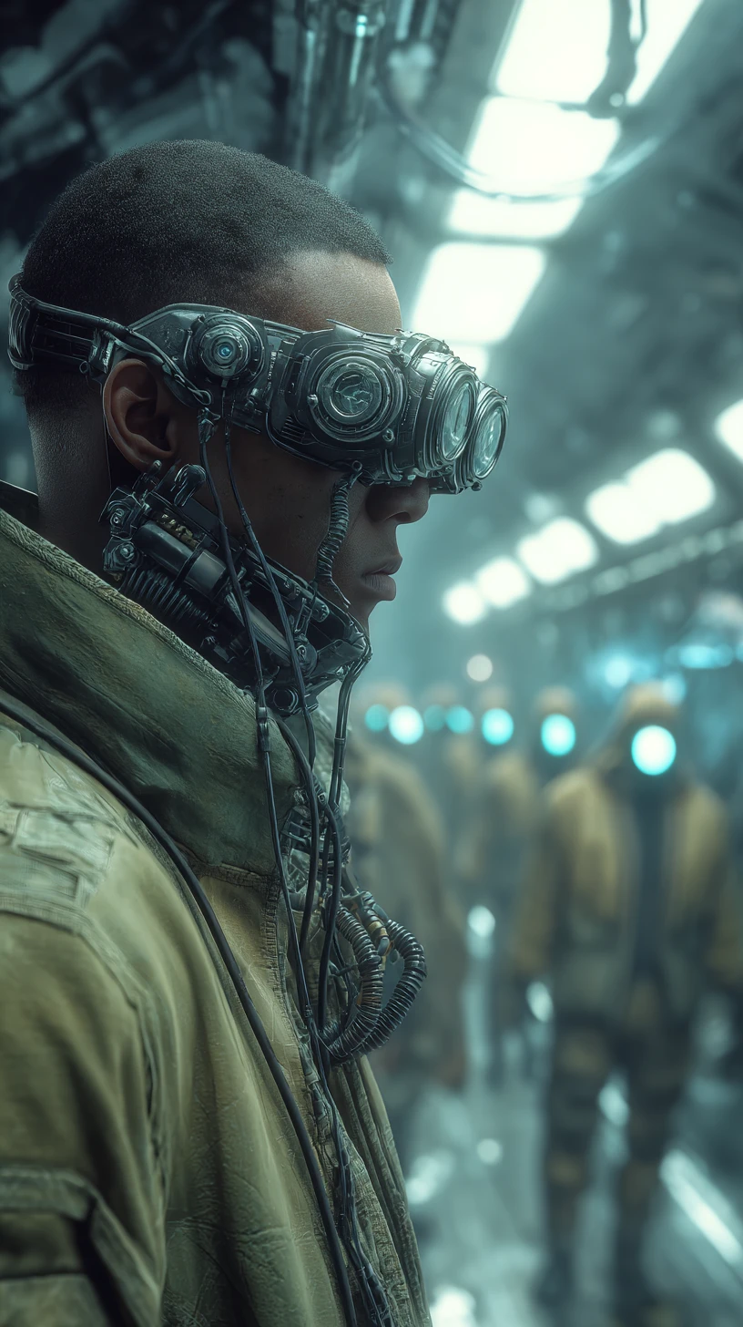 Homem sci‑fi com óculos steampunk em corredor de nave espacial